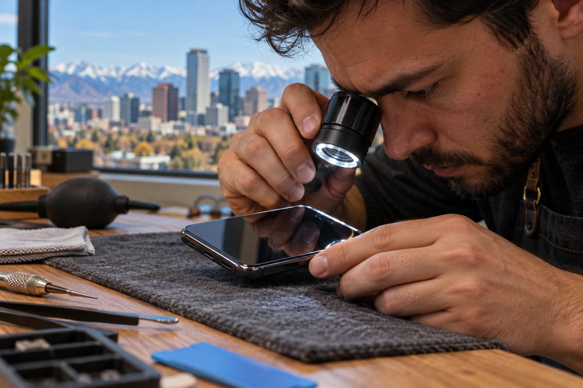 Specialist inspecting installed screen protector edge under an illuminated optical loupe