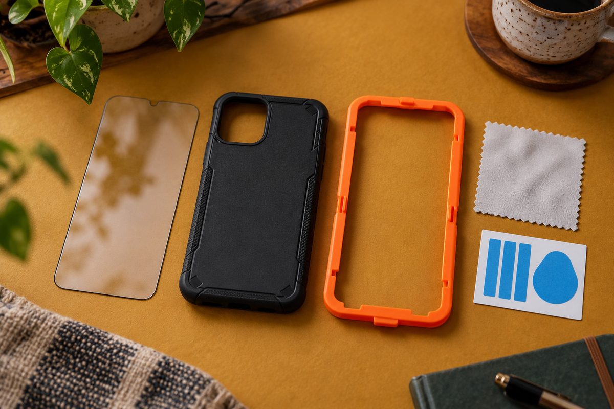 Overhead flat-lay view of a complete device protection kit featuring tempered glass, rugged case, alignment bracket, and prep pack.
