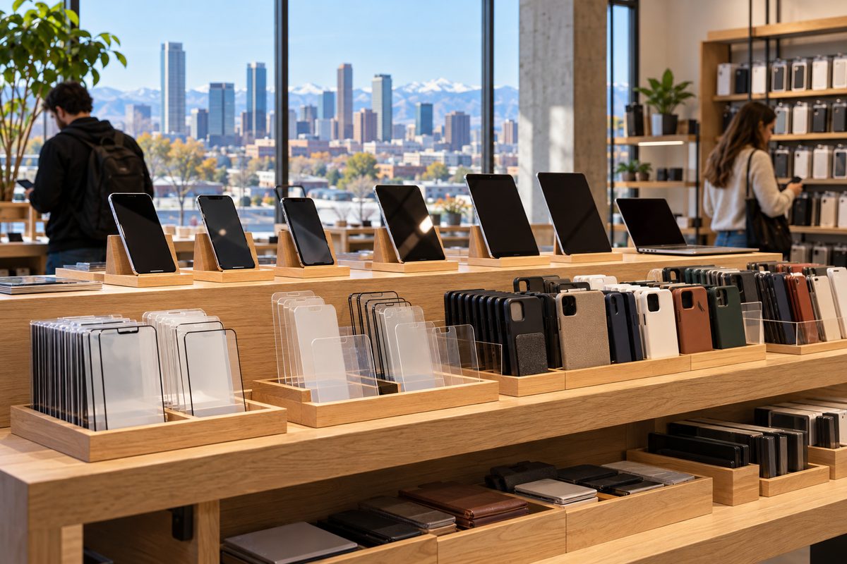Showroom display: precision screen films, 9H tempered glass shields, and protective cases indexed by device geometry.