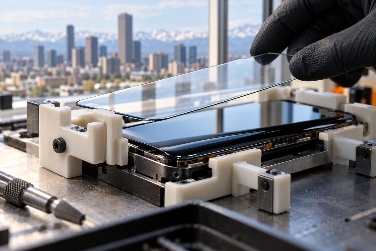 Technician demonstrating precise curve fitment for edge-to-edge smartphone glass.