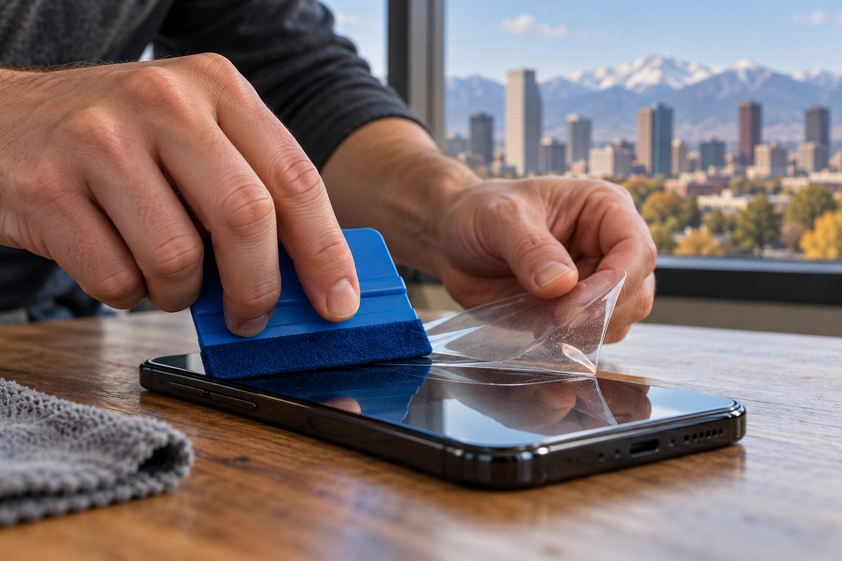 Flexible screen film being positioned with a padded squeegee over a curved display panel.
