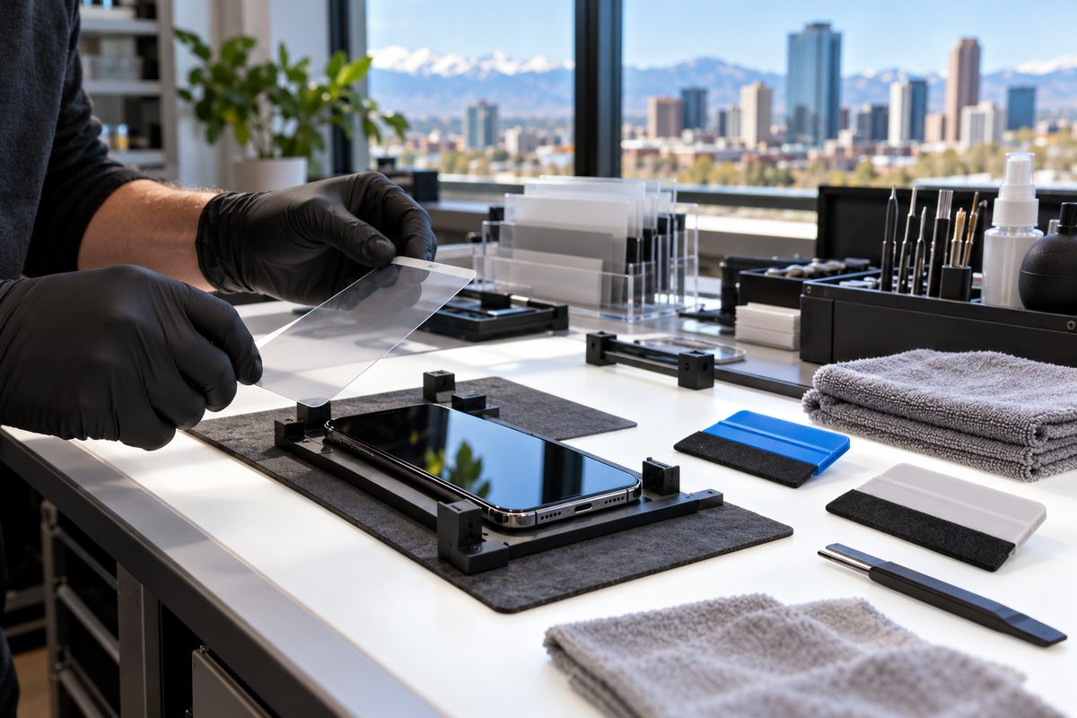 Organized smartphone protection bench at Mobilone Denver with alignment jigs and antistatic tools