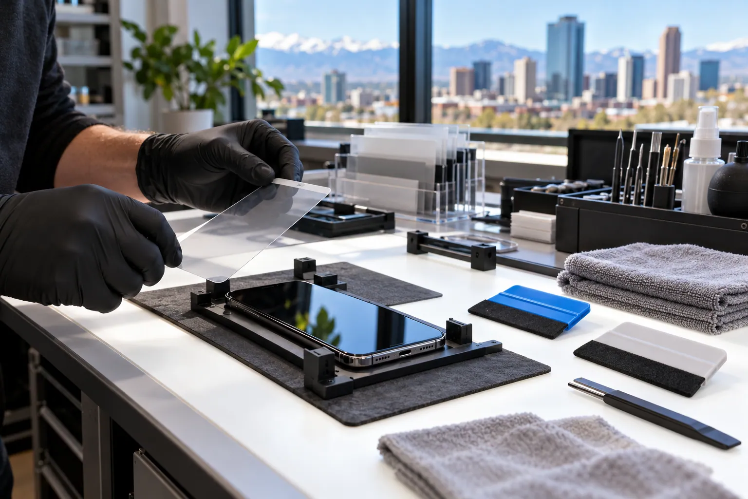 Technician fitting a mechanical alignment jig over a smartphone display on an antistatic bench mat