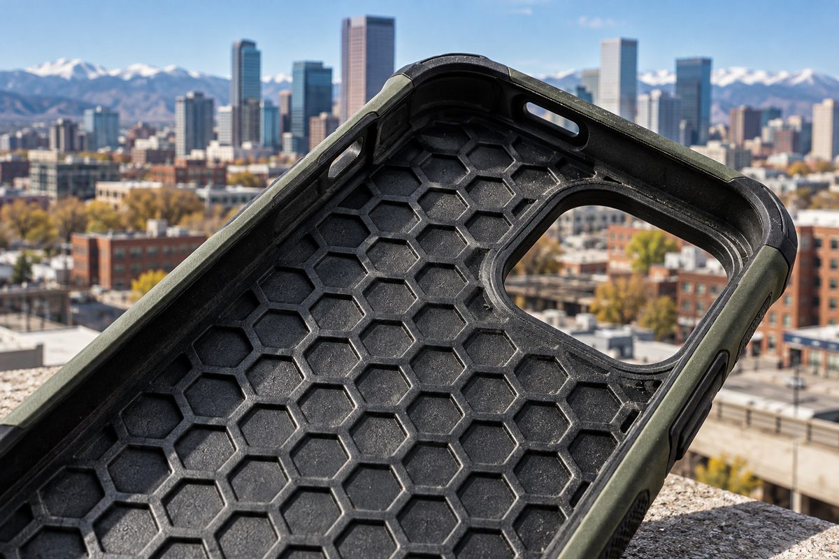 Internal honeycomb shock dissipation structure of a dual-compound protective case.