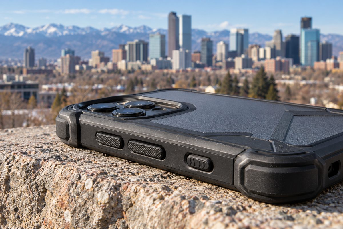 Dual-compound hybrid protective phone case showing reinforced polycarbonate exoskeleton and impact corners.