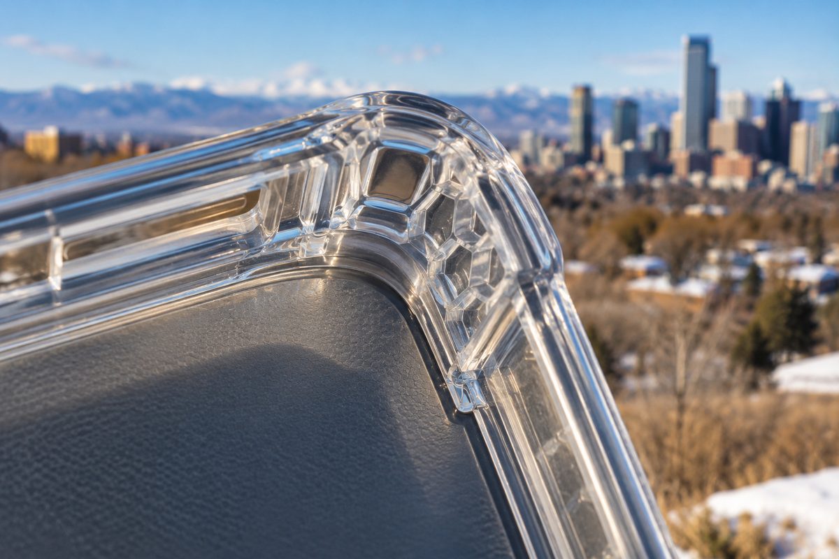 Reinforced corner airbag pocket on a shockproof hybrid smartphone chassis.
