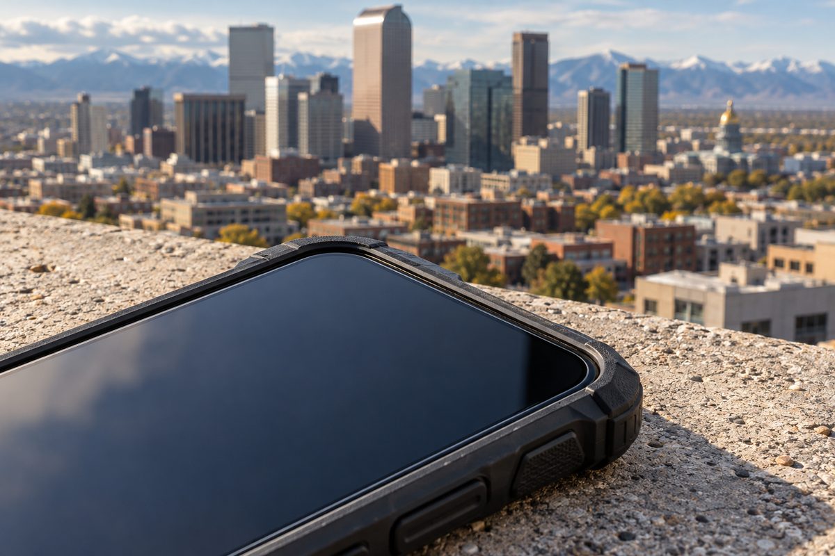 Severe-impact hybrid protective case fitted around a smartphone with calculated screen protector relief.