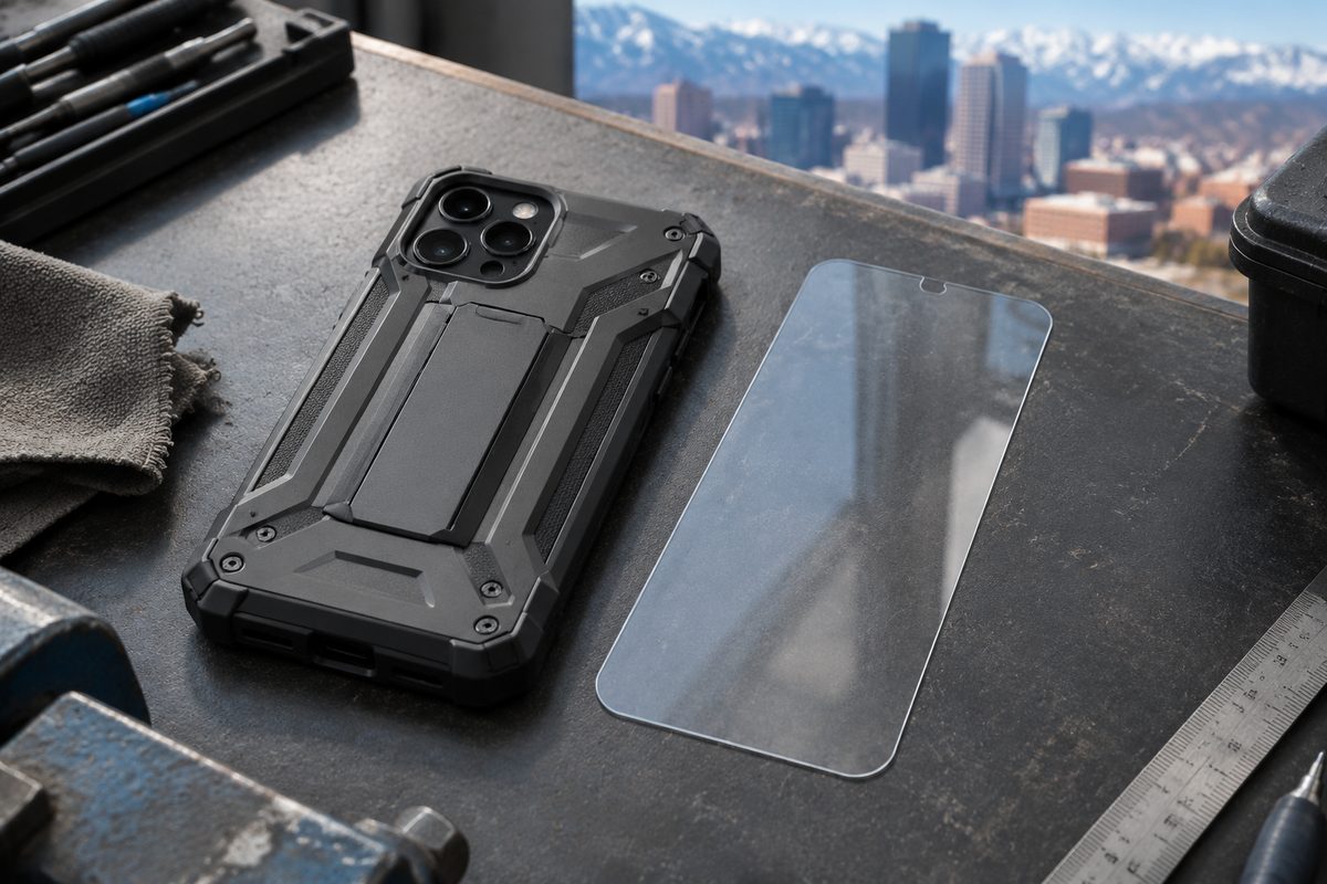 Reinforced multi-layer impact armor glass shield paired alongside protective chassis on the workshop bench.