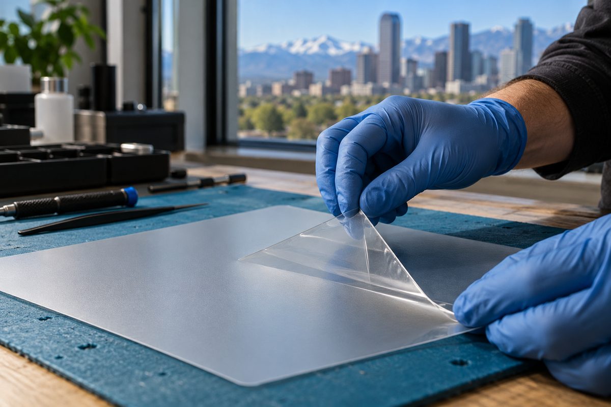 Technician peeling release liner from a matte anti-glare screen film under bench illumination.