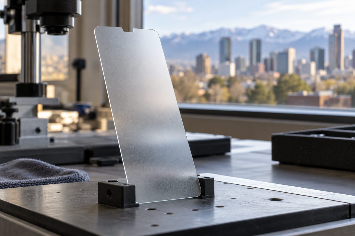 Micro-etched matte tempered glass sheet with anti-fingerprint oleophobic finish.