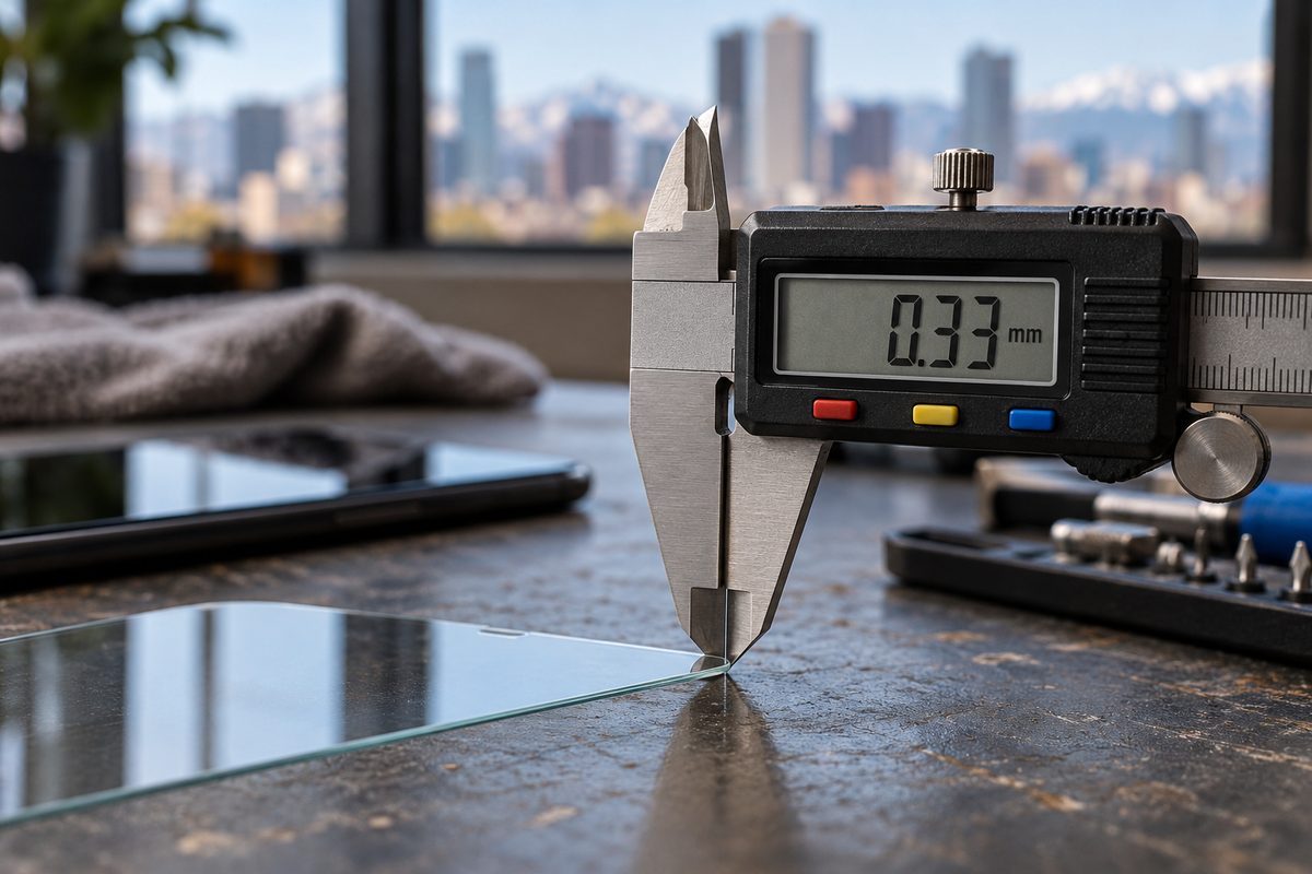 Digital micrometer caliper measuring the precise 0.33mm thickness of a 2.5D rounded glass edge.