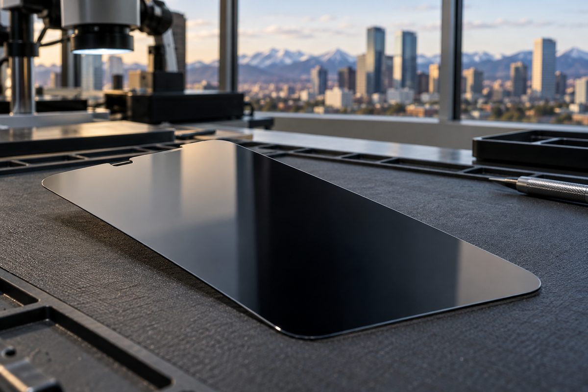 Close-up specimen view of 9H micro-louver privacy tempered glass resting on a calibration bench.