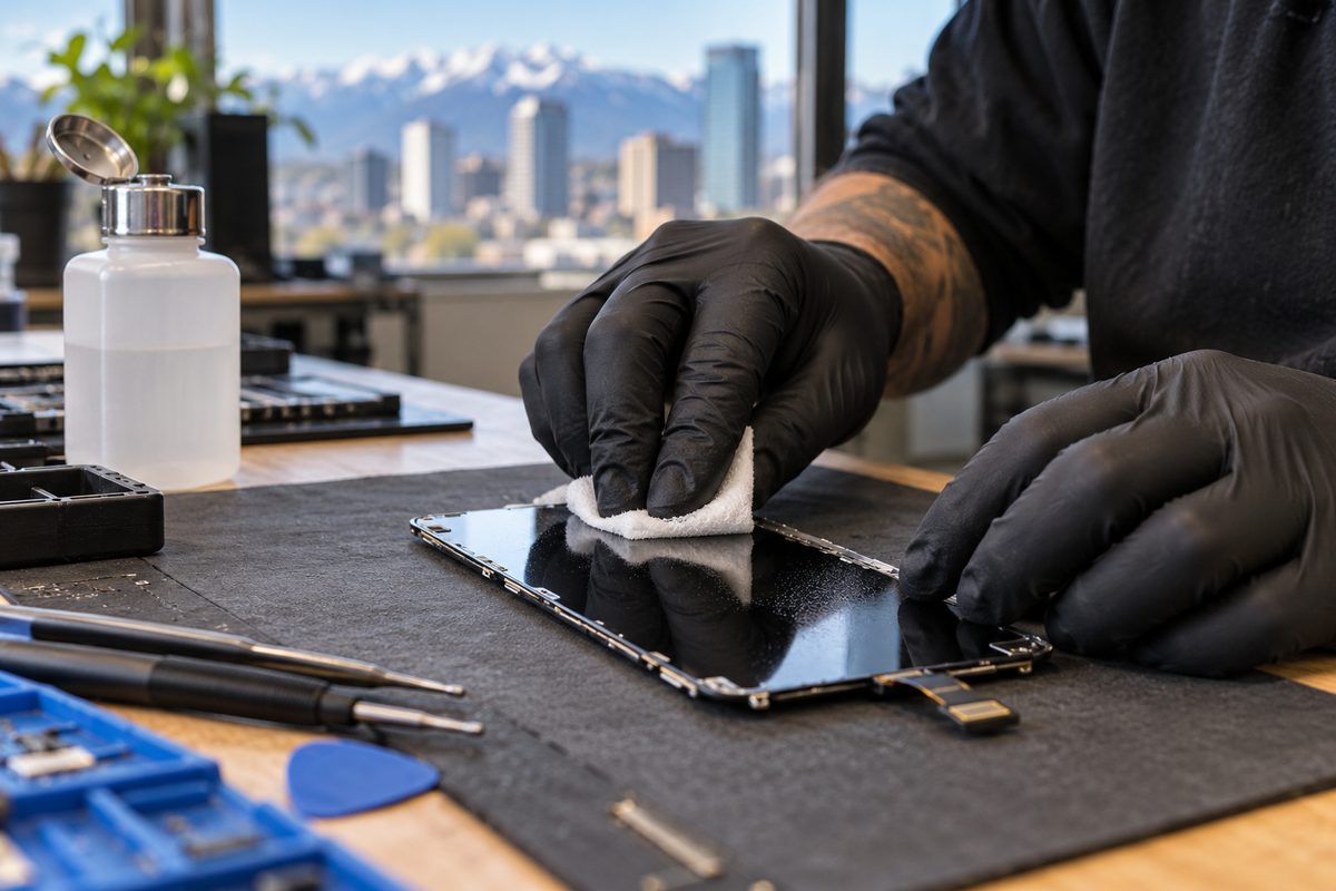 First step of installation: technician degreasing smartphone glass with an isopropyl alcohol wipe