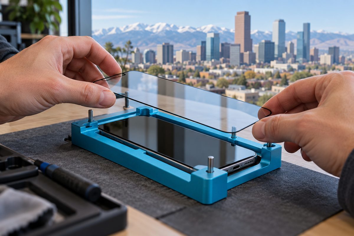 Third step of installation: snapping mechanical alignment jig onto phone frame for glass seating