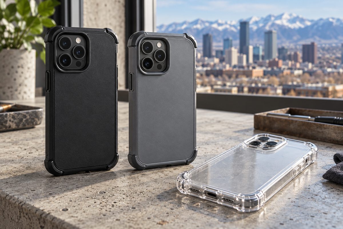 Assortment of impact-absorbing smartphone cases displayed in neat rows on a workshop shelf.