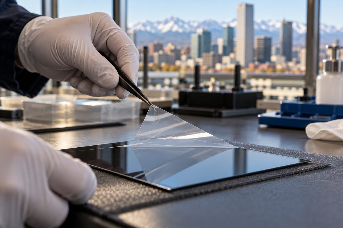 Technician carefully peeling release liner from an optical protective film
