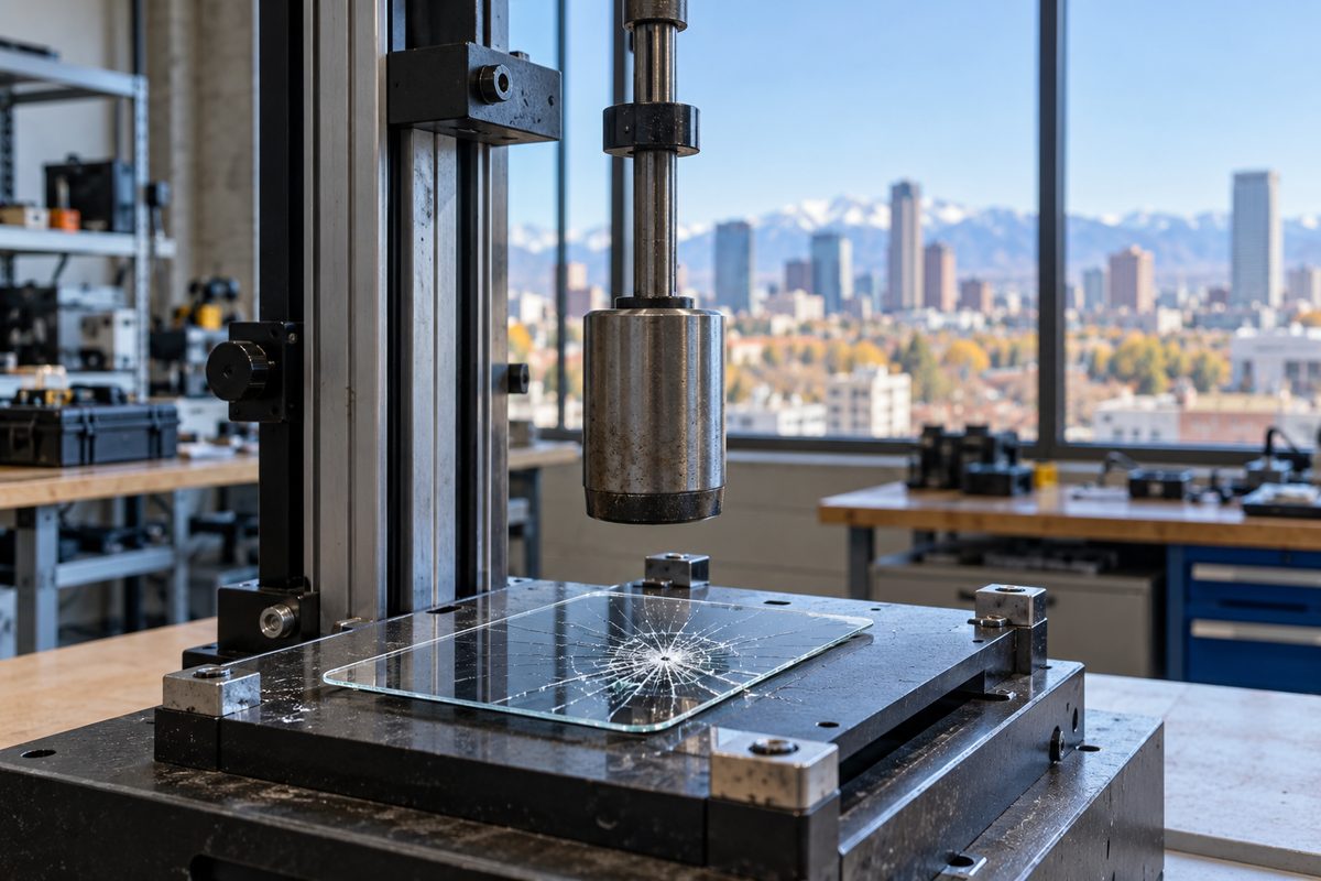 Hardness test stylus grading surface scratch resistance on a tempered glass sample.