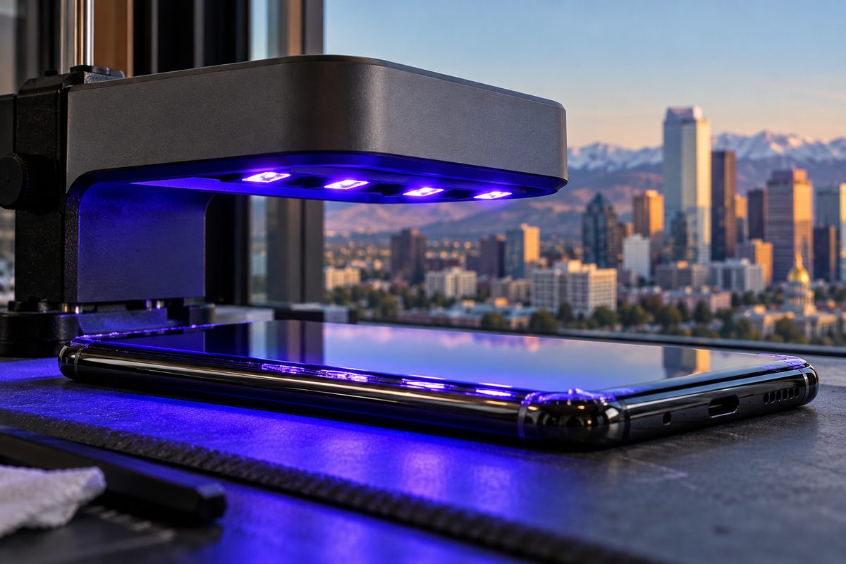 Curved screen smartphone undergoing liquid optical adhesive curing under an ultraviolet bench lamp.