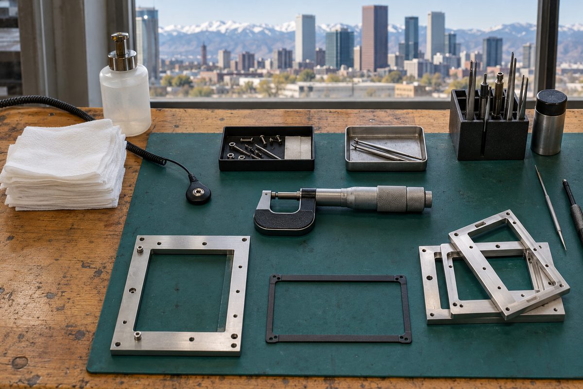 Atmospheric view of workshop tools, alignment frames, and precision instruments in Denver.